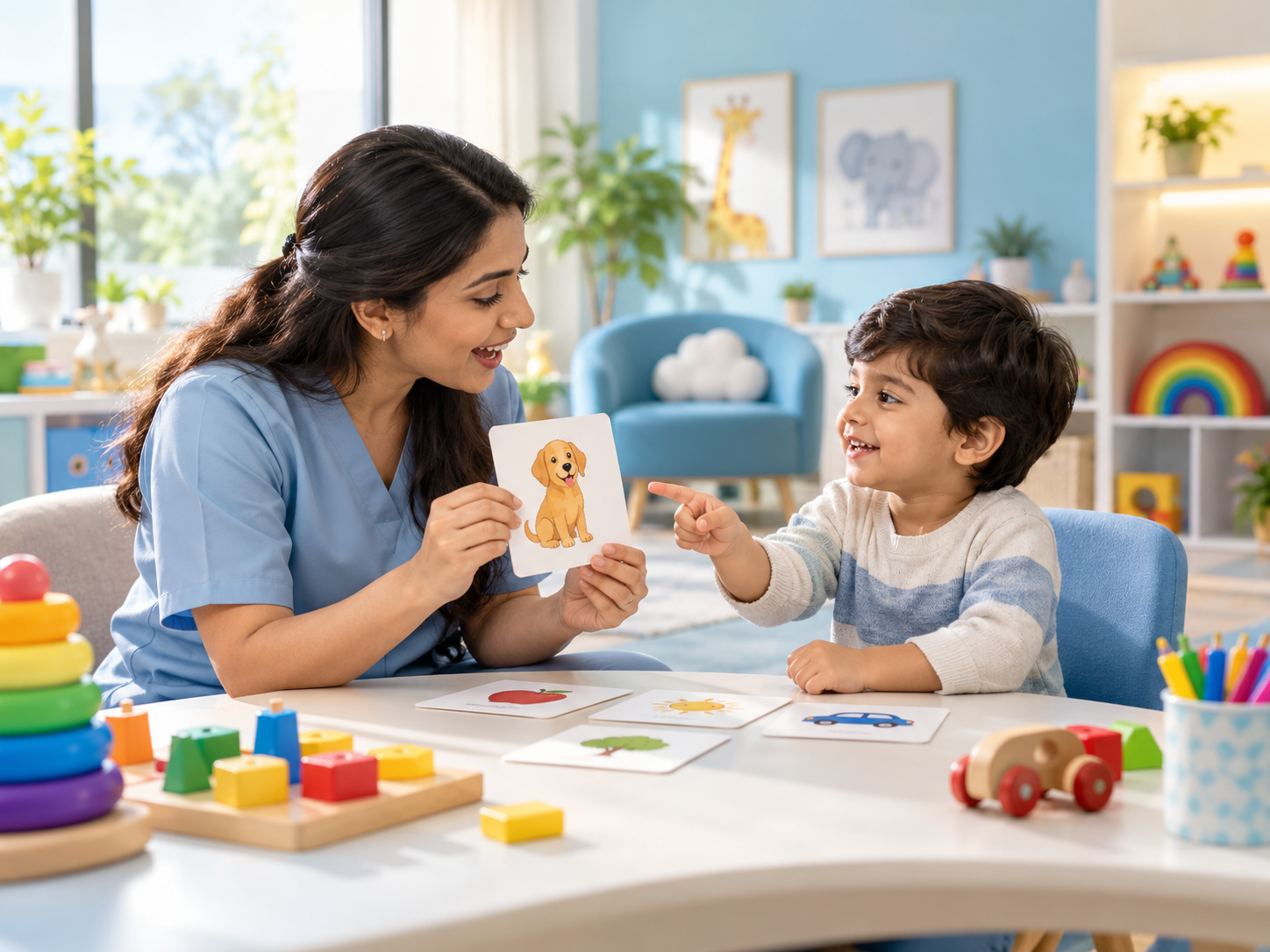 Speech therapist engaging with a child in therapy activities